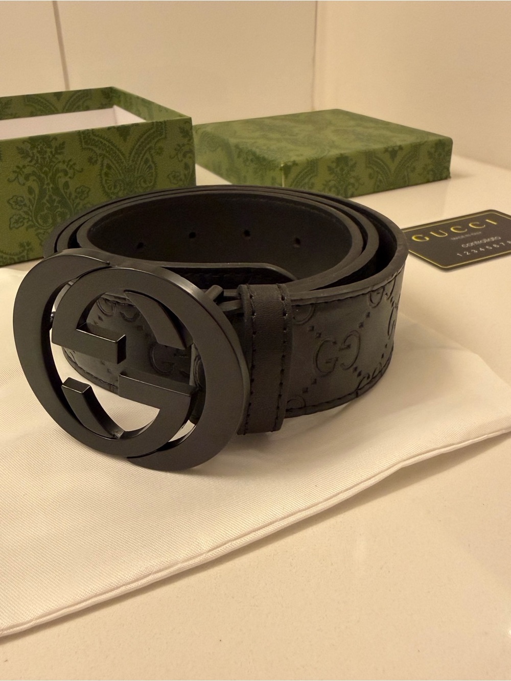 Gucci Black Embossed GG Leather Belt with Matte Black Double G Buckle